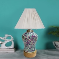 Devansh Vintage Off White Cotton Shade  Lamp With  Wood & Mosaic Glass Base For Decoration /Office/Home/Gifting/Study For Office/Home/Gifting -(12X12X16) Inches -