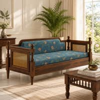Rattan Solid wood Three Seater sofa in Provincial Teak FinishPrinted Blue Colour
