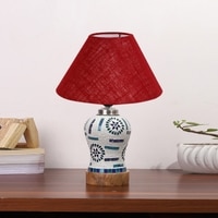 Devansh Conical Maroon Jute Shade Lamp With Wood & Mosaic Glass Base For Decoration/Office/Home/Gifting/Study For Decoration/Office/Home/Gifting/Study -(10X10X14.5) Inches -A
