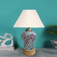 Devansh Conical  Off White Cotton Shade  Lamp With  Wood & Mosaic Glass Base For Decoration /Office/Home/Gifting/Study For Decoration /Office/Home/Gifting/Study -(10X10X14.5) Inches -