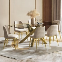 Zaida 6 Seater Glass Dining Table With Set Of 6 Olivia Dining Chairs Colour- Cloudy Beige Velvet Finish- Glass