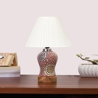 Devansh Off-White Cotton Straight Pleated Shade Lamp With Wood & Mosaic Glass Base For Decoration/Office/Home/Gifting/Study For Decoration/Office/Home/Gifting/Study