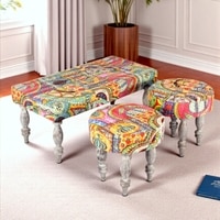 Bestone Sheesham Wood Bohemian 2+1+1 Seater Bench Set With 2 Stools In Israel Print Patchwork Kantha