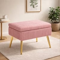Doe Buck Ribbed Velvet Ottoman Stool in Dusty Pink Colour with Gold Metal Legs