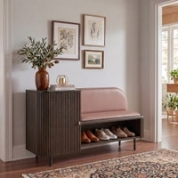 Haven Solid Wood Shoe Cabinet In Dark Chestnut Finish with  Spanish Rose Leatherette Colour