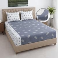 Grey And White Floral Cotton 400 Tc fitted Double Queen Size Bedsheet With 2 Pillow Covers