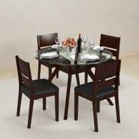 Wesley - Cabalo (Leatherette) 4 Seater Round Glass Top Dining Table Set (Colour- Black, Finish- Dark Walnut)