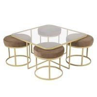 Benton Nesting Clear Glass Coffee Table Set With 4 Stools In Gold Finish