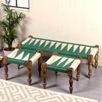Hamilton Sheesham Wood Maachi Bench Set With 2 Stools In Green & White Rope Canning