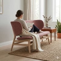 Scandinavian Polara Two Seater Lounge Chair Pink Natural Wood Finish