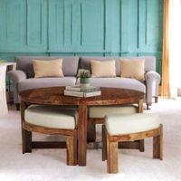 Nashville Sheesham Wood Accent Coffee Table Set With 4 Stools In Natural Teak Finish