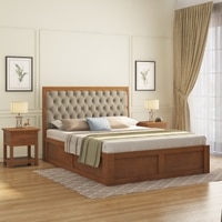 Avon Solid Wood Storage Bed Queen Size in Amber Walnut Finish with Oyster Beige Colour