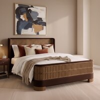 Heritage Cane Upholstered King Size Bed in Linen With Oak wood Frame