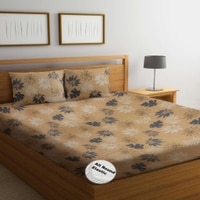 Arlo Orange Floral 350 TC Glaze Cotton Fitted Queen Size Bedsheet with 2 Pillow Covers – Threads