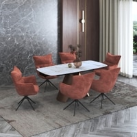 Aeris Ceramic 4 To 6 Seater Extendable Dining Table With 4 Beck Dining Chairs (Finish : Gilded White, Chair Colour : Wine)
