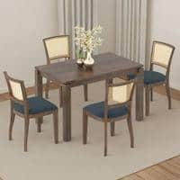 Atlas Solid Wood 4 Seater Dining Table In Danish Walnut Finish With Reed Dining Chairs