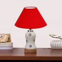 Devansh Conical Red Cotton Shade Lamp With Wood & Mosaic Glass Base For Decoration/Office/Home/Gifting/Study For Decoration/Office/Home/Gifting/Study -(10X10X14.5) Inches -A