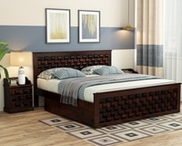 Moglis Solid Wood Queen  Size Bed With Drawer Storage Bed In Walnut Finish