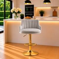 Doe Buck Oliver Adjustable Velvet Bar Stool in Grey Colour with Gold Base