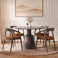 Massa Solid Wood And Sanwar 4 Seater Round Dining Table with 4 Zen Solid Wood Dining Armchair in (Finish: Danish Walnut, Colour: Rust Boucle)