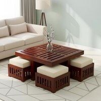 Palladio Sheesham Wood Accent Coffee Table Set With 4 Stools In Honey Finish