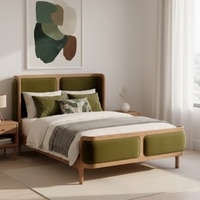 Valerio Duo-Panel Luxe Queen Size Bed in Olive colour Velvet with Oak wood Frame
