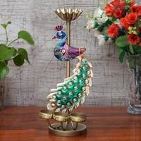 Desert Art Metal Handpainted Peacock Tealight Showpiece