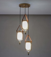 Filo 3 Light Cascade Ceiling Pendant In Brass Finish Metal And Brown Leather With Frosted White Glass Shades