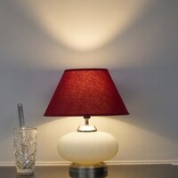 MALOTO Frosted White Glass and Chrome Finish Metal Table Lamp With Maroon Cotton Shade