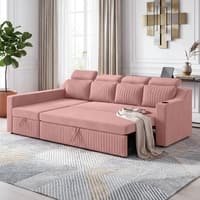 Luna 5 Seater Velvet RHS Pull Out Sofa Cum Bed in Peach Color With Storage