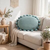 Pom Pom Dull Blue Cotton Knitted Decorative Cushion Cover 16 Inches Dia