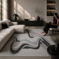 Handmade Wool Silk Area Rug Modern Wave Beige 6 x 9 Feet Carpet