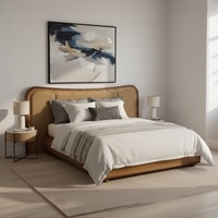 Elowen Softline Queen Size Bed in velvet With Oak wood Frame & Hydraulic Storage