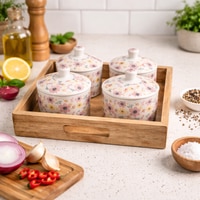Ceramic Floral Jars with Lids and Wooden Tray Pink Floral Pattern Set of 4 Handcrafted