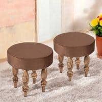 Roswell Sheesham Wood   Round Set of 2 Stools in Taupe Brown Velvet Upholstery