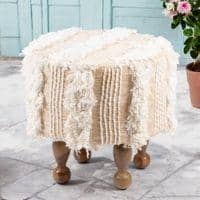 Louisville Acacia Wood Mid Century Round Pouf Stool in Beige Fabric