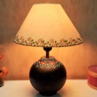 Solway Handmade & handpainted Black colour Wooden matka Table lamp with Mandala design and Handpainted Floral design on Cotton Beige shade