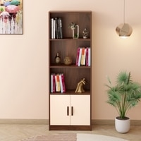 BLUEWUD Seonn Bookshelf Crockery Storage Cabinet, Book Rack Organizer with Shelves for D�cor Display & 2 Doors, Storage Unit for Office Library Home & Kitchen (Brown Maple & Beige, Without Drawer)