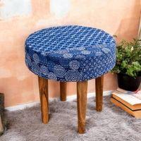 Nayla Solid Wood Stool in Indigo Patch Kantha Fabric