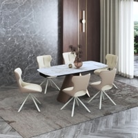 Aeris Ceramic 4 To 6 Seater Extendable Dining Table With 4 Tulip Dining Chairs (Finish : Gilded White, Chair Colour : Cream)