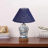 Devansh Conical Blue Jute Shade Lamp With Wood & Mosaic Glass Base For Decoration/Office/Home/Gifting/Study For Decoration/Office/Home/Gifting/Study -(10X10X14.5) Inches -A