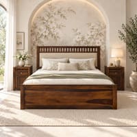 Vrinda Solid Wood King  Size Bed With Hydraulic Storage (Provincial Teak Finish)