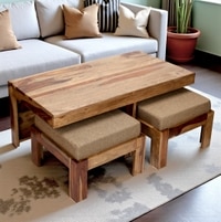 Irish Sheesham Wood Accent Coffee Table Set With 2 Stools In Teak Finish With Jute Beige Cushions