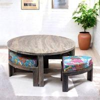 Nashville Sheesham Wood 4 Seater Coffee Table Set In Antique Grey Finish Floral Print Green Kantha Cushion