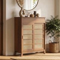 Fujiwara 20 Pair Solid Wood and Cane Shoe Cabinet With Drawer In Amber Walnut Finish