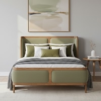Valerio Duo-Panel Luxe King Size Bed in Green colour Velvet with Oak wood Frame