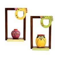 Wall Decor 2 Wooden Shelf & 2 Colored Pots Madhubani Design (5.5x2.5x8.5)