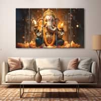 The Castle Decor Ganesh Ji Wall Art Set of 5 Wooden Framed Digital Painting 27x48 Inch