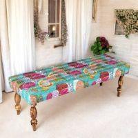 Cairo Solid Wood 2 Seater Bench In Floral Print Green Kantha Fabric