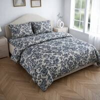 Orion White & Blue Floral Cotton Bedding Set Super King 275 X 275 Cms Bed Sheet 2 Pillow Covers Dohar 240 X 220 Cms Threads